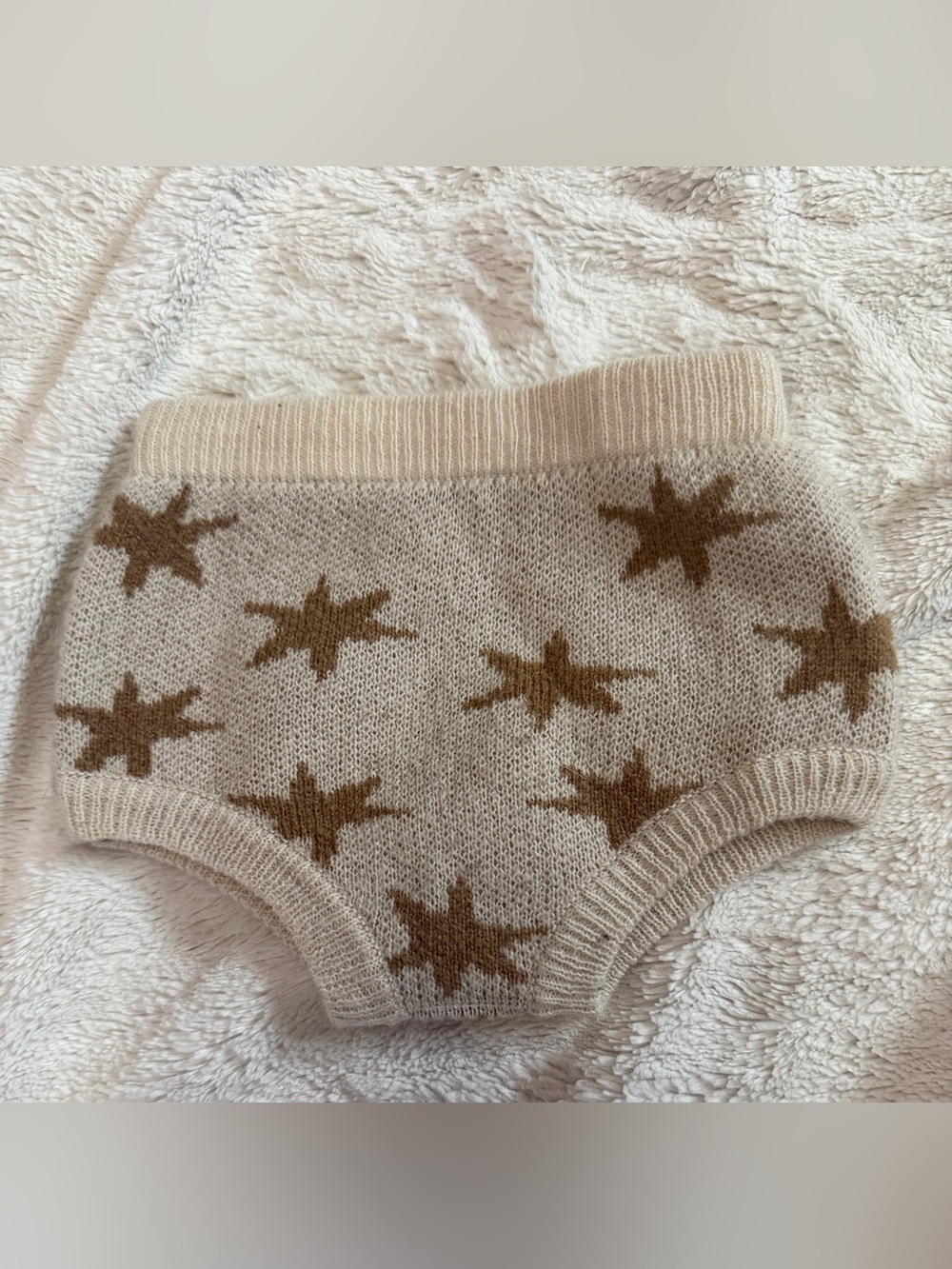 Rylee + Cru Beige Knit Diaper Cover shorts bloomers with Brown Stars